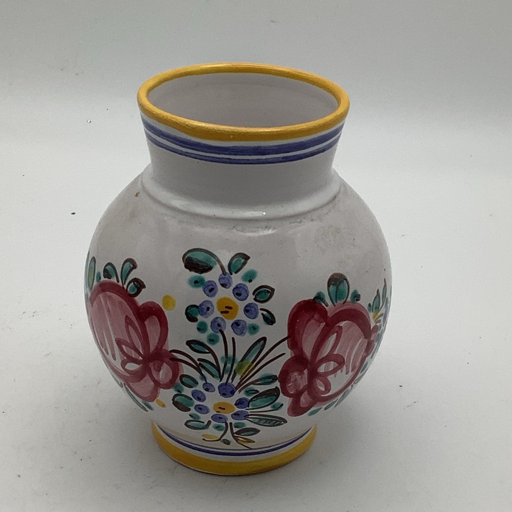 Floral Folk Art Ceramic Pottery Vase with Yellow and Blue Rim